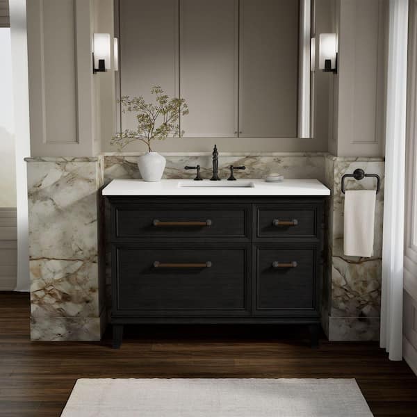 Artifacts 48 in. Freestanding Carbon Oak Bath Vanity with Miami White Quartz Top And Black Hardware