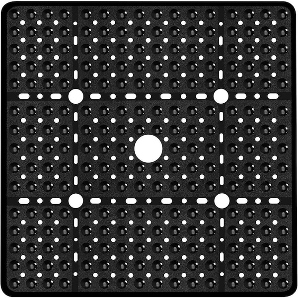 Bath Large Non Slip Shower Mat with Suction Cups 27 x 27 in. Square Bathroom Floor Mat for Shower with Drain Hole Black