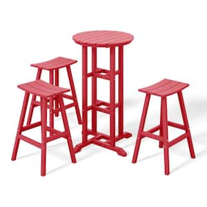 Laguna 4-Piece HDPE Weather Resistant Outdoor Patio Bar Height Bistro Set with Saddle Seat Barstools, Red