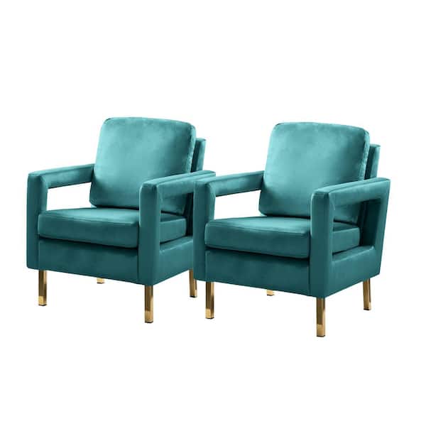 JAYDEN CREATION Anika Modern Blue Comfy Velvet Arm Chair with Stainless Steel Legs and Square Open-framed Arm (Set of 2)