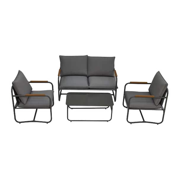 Angel Sar 4-Piece Metal Aluminum Patio Convensation Set with Gray Cushion and Coffee Table