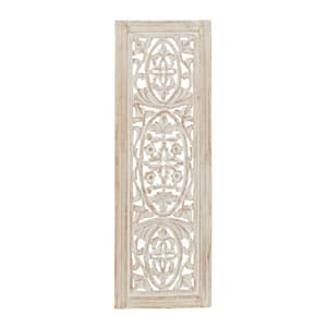 12 in. x  36 in. Mango Wood Cream Handmade Intricately Carved Arabesque Floral Wall Decor