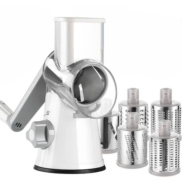 White Rotary Cheese Grater with 5 Drum Blades Hand Crank Mandolin Slicer Shredder Ice Shaver Kitchen Tool