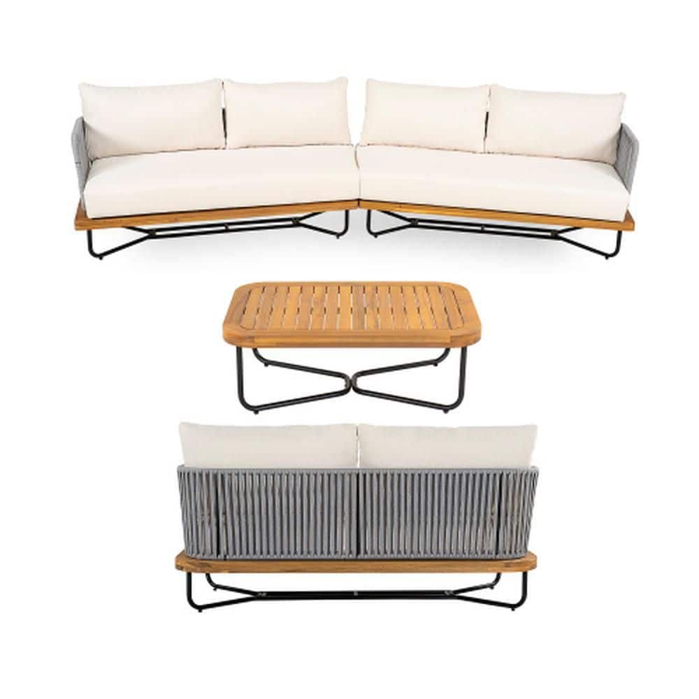 4-Piece Acacia Wood Outdoor Dining Conversation Patio Furniture Set with Beige Cushions