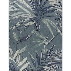 Blue 9 x 12 Palm Leaf Indoor/Outdoor Area Rug