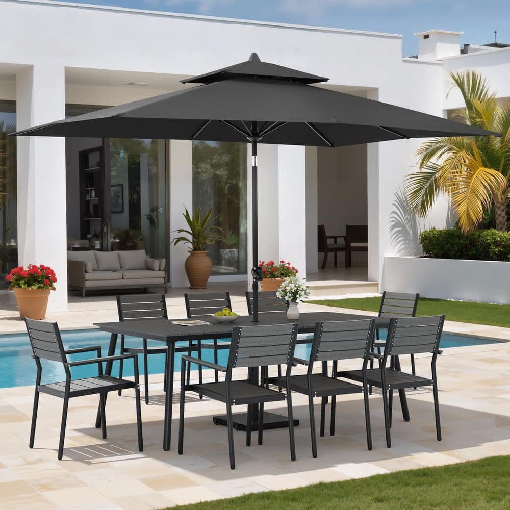 11-Piece Dark Gray Aluminum Outdoor Dining Set with Stackable Armchairs, Black Market Patio Umbrella, Base with Wheels