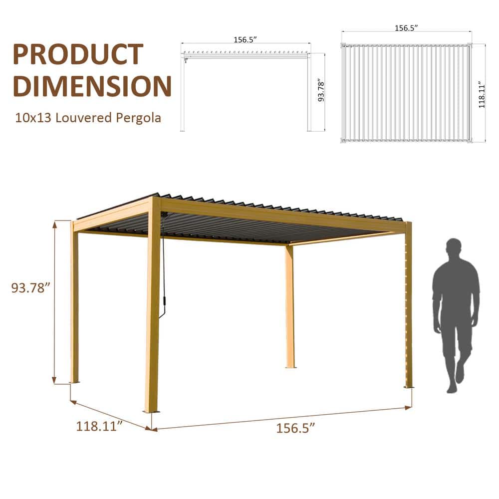 Brown and Gray Aluminum Metal Louvered Pergola 10 ft. x 13 ft.