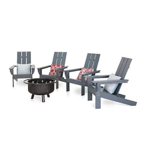 Classic Oversized Gray Wood Adirondack Chair and Fire Pit with Moon and Stars Pattern (4-Pack)