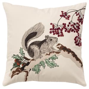 Holiday Ivory/Multi-Color Winter Scene With Woodland Animal Cotton Poly Filled Decorative 20 in. x 20 in. Throw Pillow