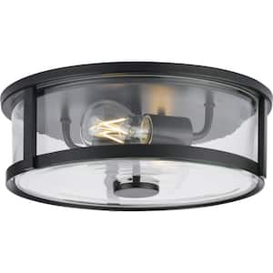 Gilliam 12-5/8 in. 2-Light Matte Black Flush Mount with Clear Glass Shade