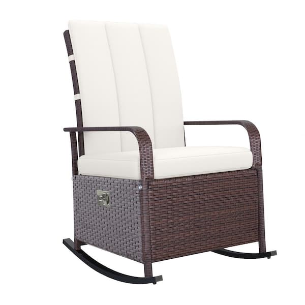 Tenleaf Brown Wicker Outdoor Rocking Chair with Beige Cushion