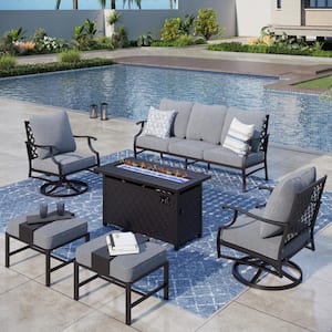 Black Meshed 7 Seat 6-Piece Metal Steel Outdoor Fire Pit Patio Set with Gray Cushions, Black Rectangular Fire Pit Table