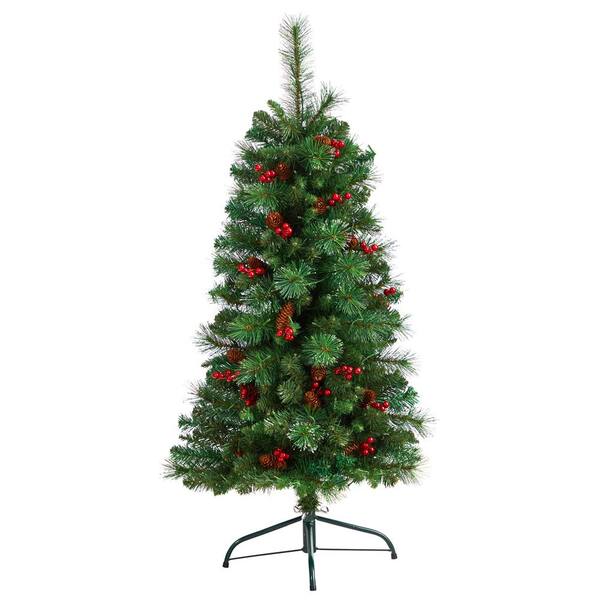 Nearly Natural 4 ft. Flat Back Pine Artificial Christmas Tree with  Pinecones, Berries, Warm White Lights and Bendable Branches T3316 - The Home  Depot