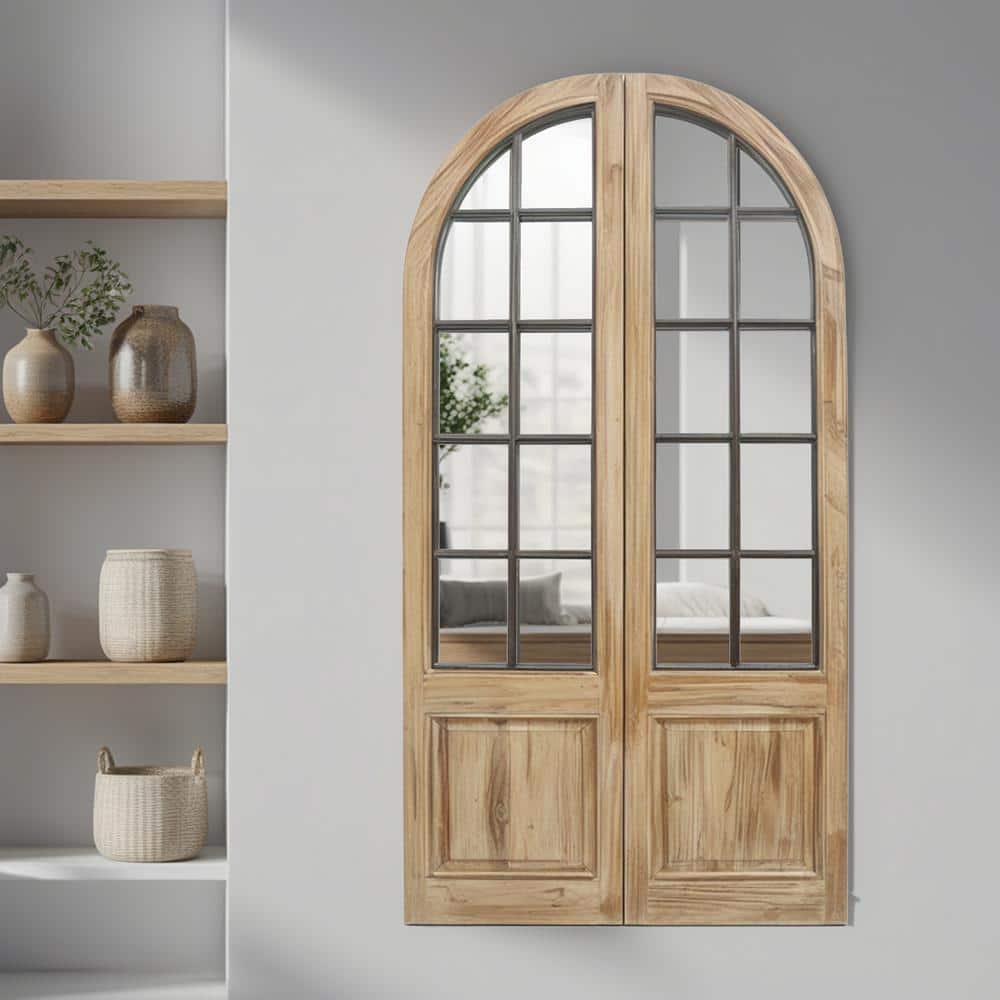 Rustic Arched Windowpane Wood and Metal Wall Mirror, 24 x 47.25 Inch