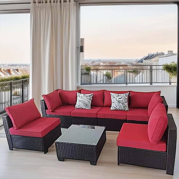 Zeus & Ruta Dark Coffee 7-Piece Wicker Outdoor Sectional Set with Red Cushions and Coffee Table