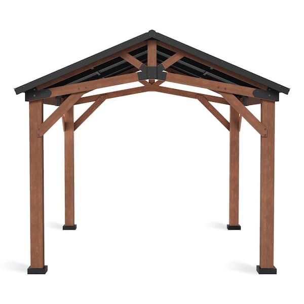 Hampton 10 ft. x 12 ft. Brown Wood Outdoor Gazebo with Iron Peak Roof HardTop Patio Pavilion