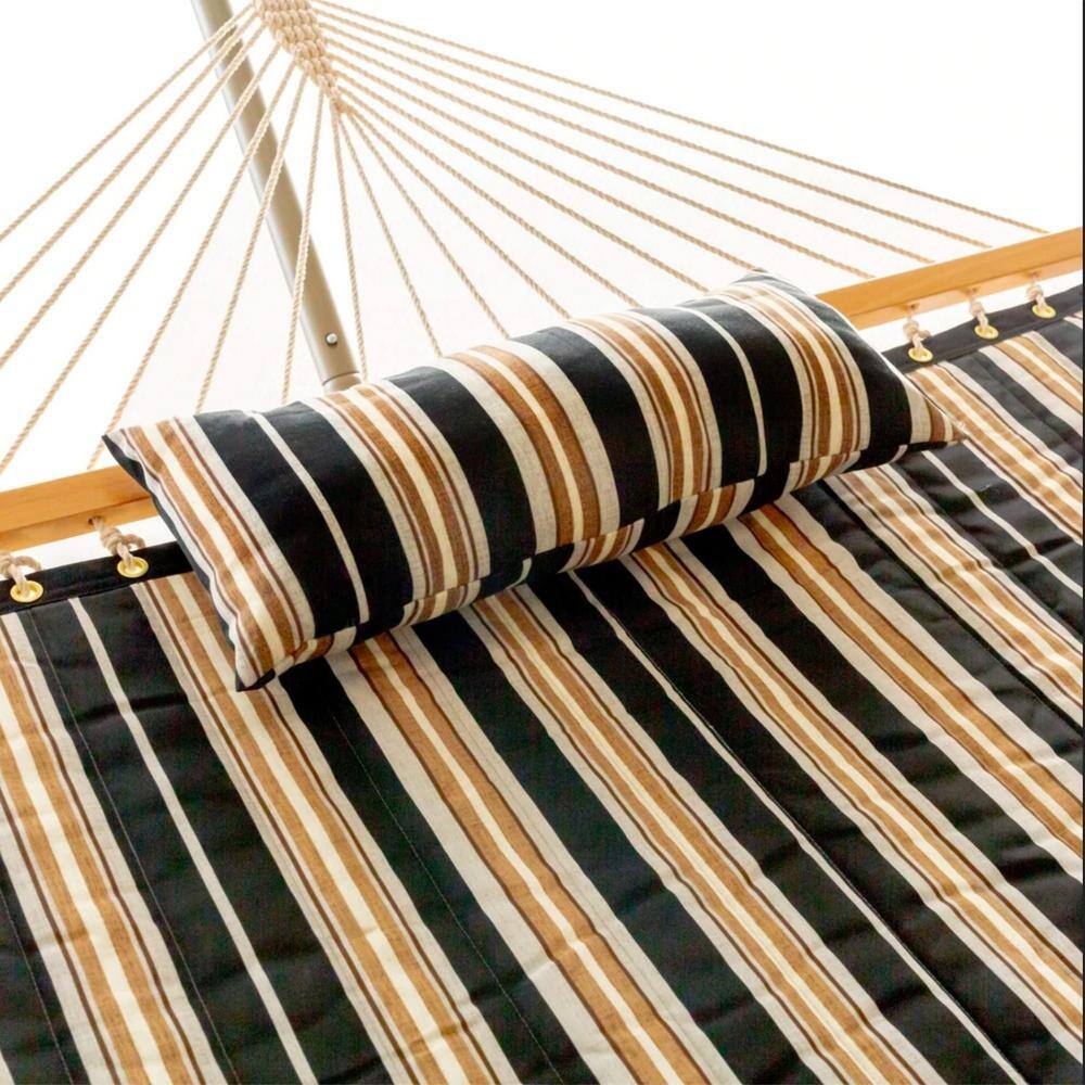 Beige and Black Striped Quilted Hammock with Stand and Pillow