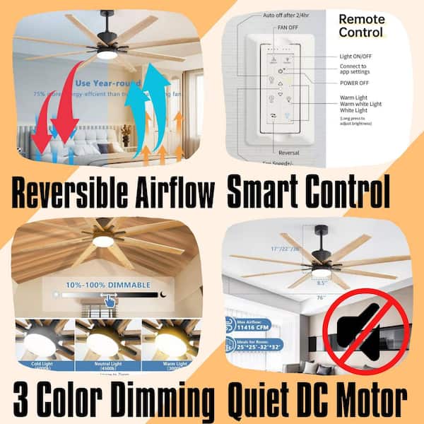 76 In. Brown Wood Ceiling Fan With Dimmable 3 Color Led, 8 Solid Wood Blades Remote Control Reversible,Downrod Mount