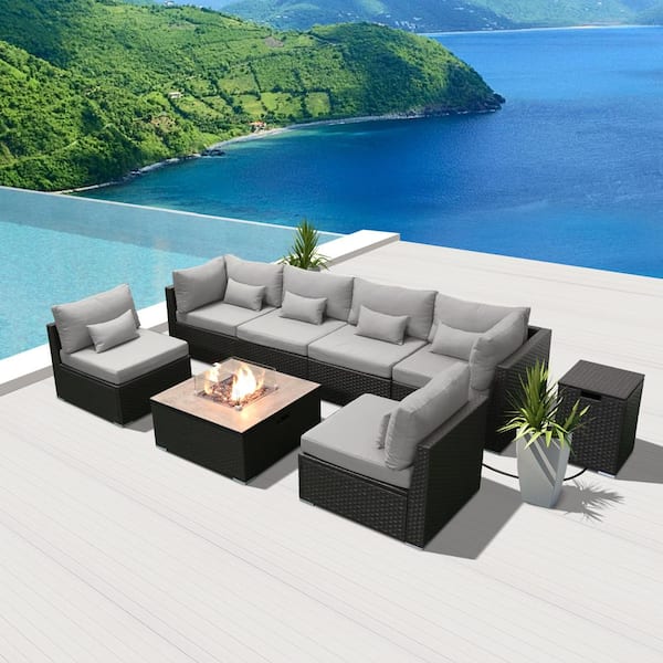Unbranded 8-Piece Wicker Outdoor Patio Conversation Set with Propane Fire Pit Table (Light Gray Cushions-Square Table)