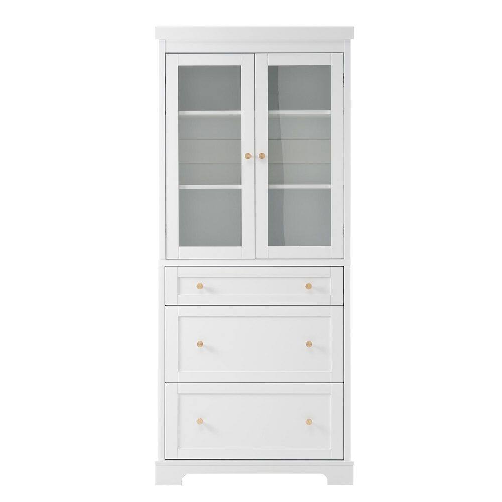 Tall white bathroom cabinet with glass doors and drawers.