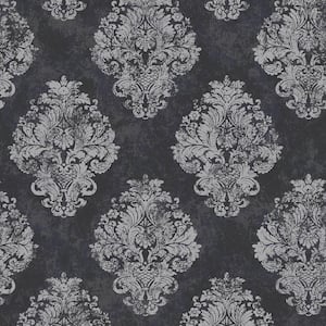 Metallic FX Black and Silver Damask Non-Woven Wallpaper Sample