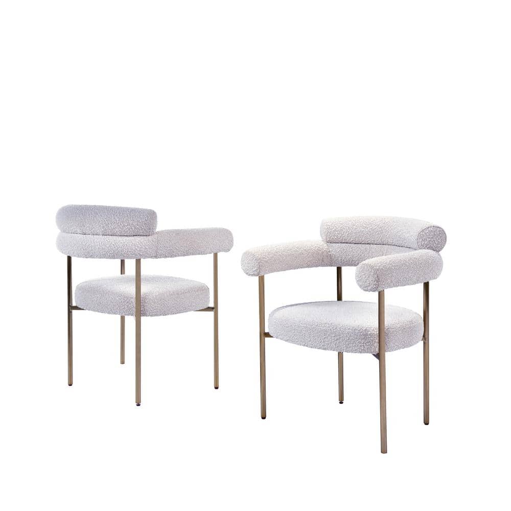 Cream Bouclé Upholstered Metal Arm Chairs with Gold Legs, Set of 2