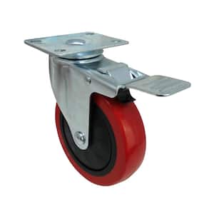 5 in. Red Polyurethane and Steel Swivel Plate Caster with Locking Brake and 330 lbs. Load Rating