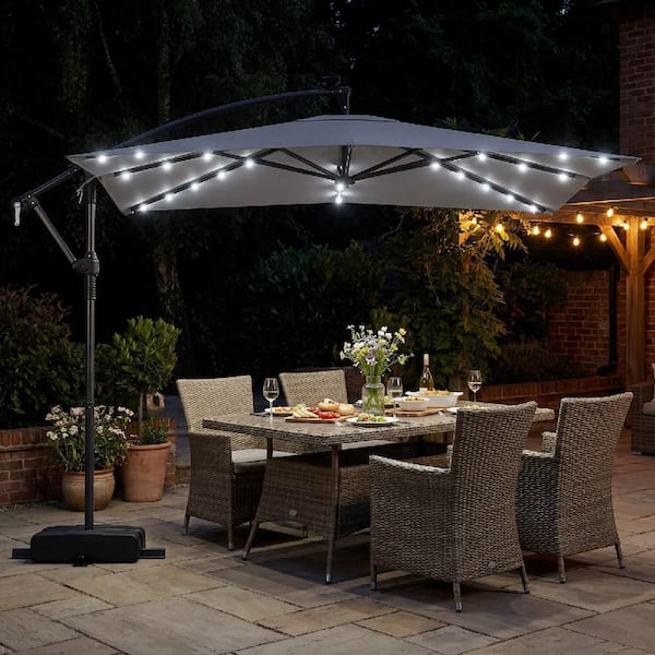 8 foot lighted patio umbrella Costway 250 x 250 cm Solar LED Offset Cantilever Patio Umbrella Square Hanging Outdoor Market Umbrella-Grey