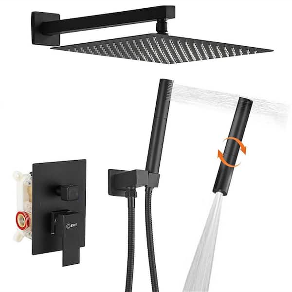 FLG Single Handle 2 -Spray 12 in. Shower Faucet 1.8 GPM with Pressure Balance Valve Wall Mount Shower System in Matte Black