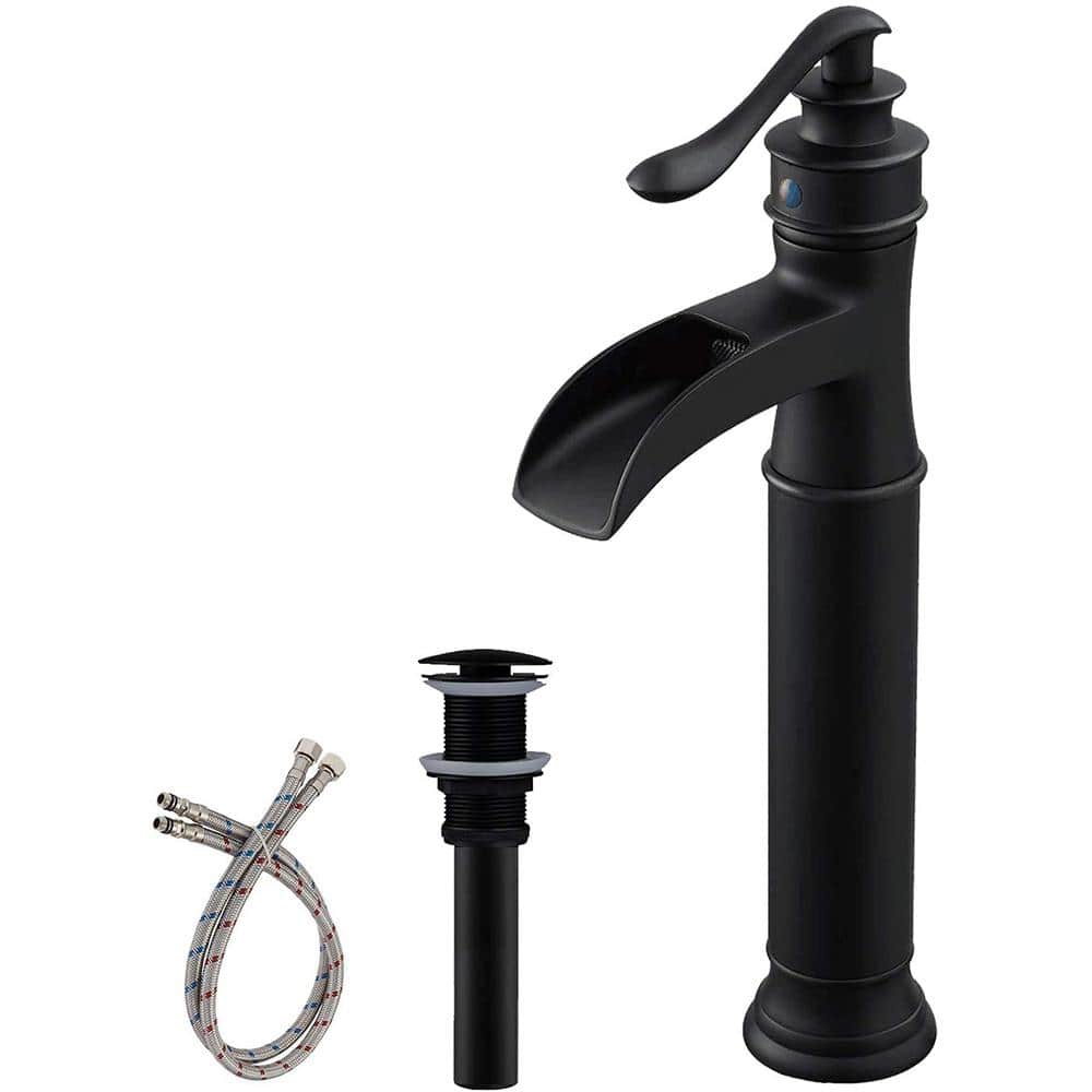 Waterfall Single Hole Single Handle Bathroom Vessel Sink Faucet with Pop-Up Drain Assembly in Matte Black price history on PriceWatchPro