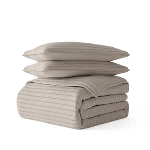 All Season 3-Piece Latte Stripe Stitch Microfiber Quilt Set, Twin/TwinXL