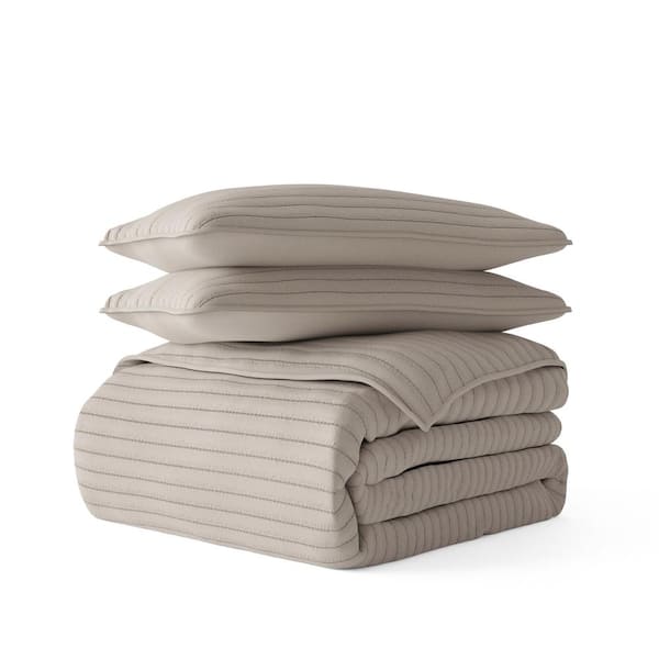 Becky Cameron All Season 3-Piece Latte Stripe Stitch Microfiber Quilt Set, Twin/TwinXL