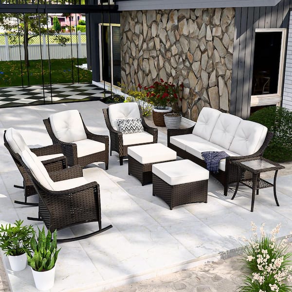 EAGLE PEAK Brown Rattan Wicker 8-Piece Outdoor Patio Conversation Set with Rocking Chairs, Table, and Beige Cushions