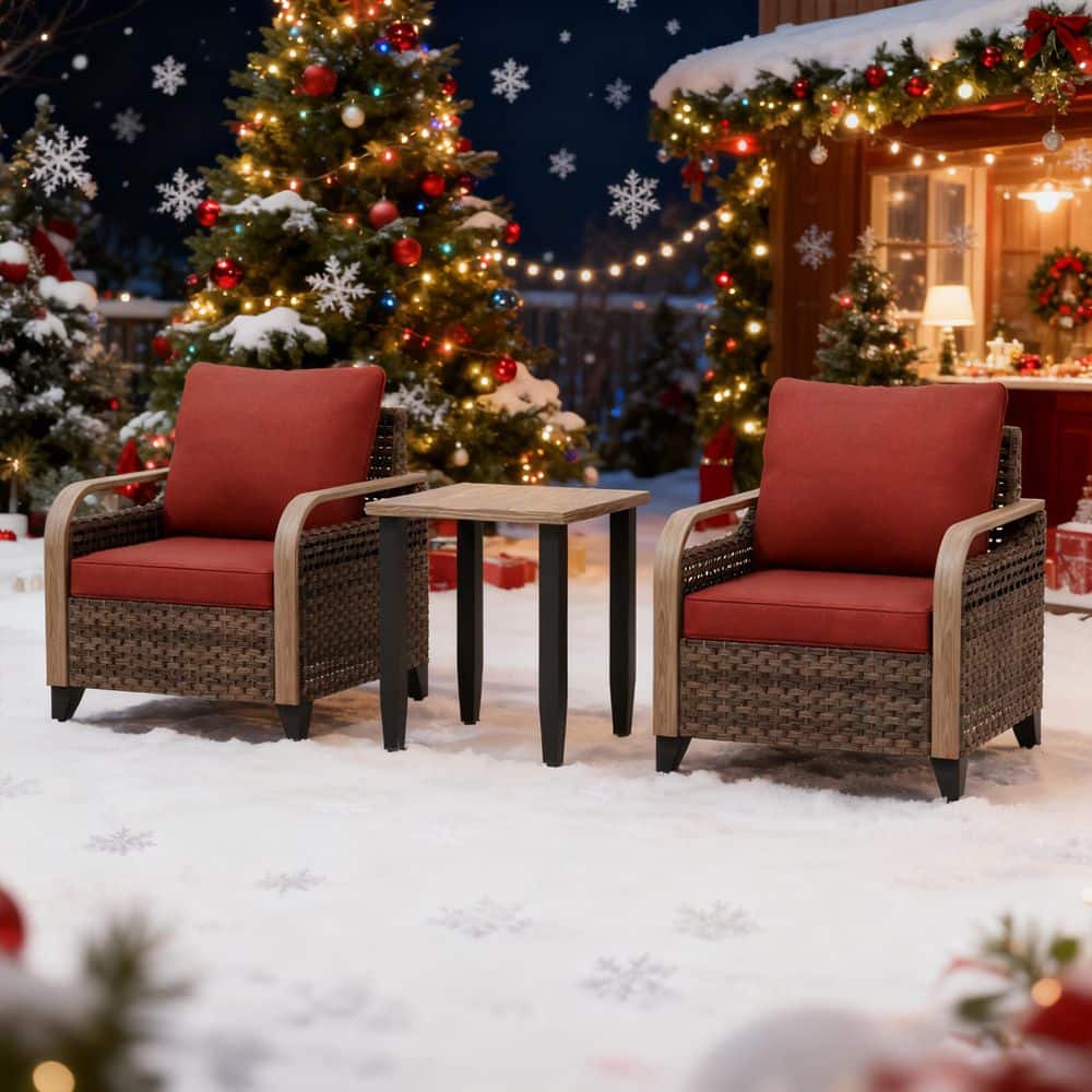 3-Piece Brown Wicker Patio Bistro Set Outdoor Single Sofa Set with Red Cushions price history on PriceWatchPro
