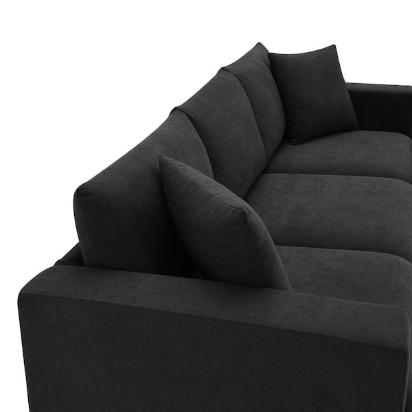 100 in. Modern Polyester Fabric Sectional Sofa in Black with 2 Pillows and Convertible Ottoman for Living Room