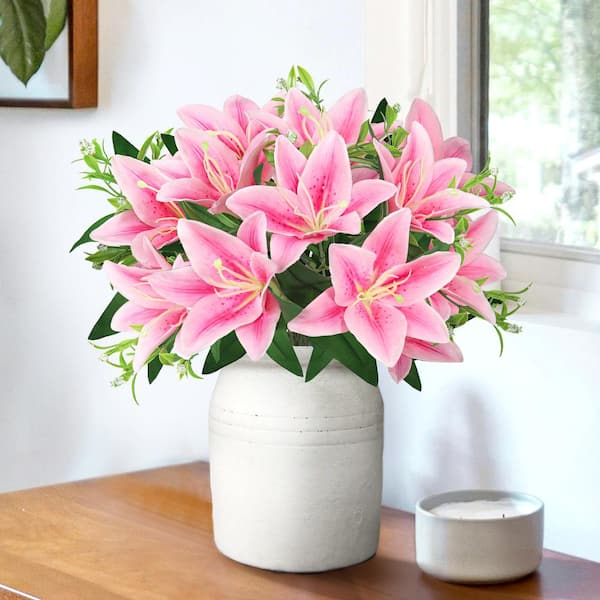 13 in. Pink Artificial Stargazer Lily Flower Stem Bush Bouquet (Set of 4)