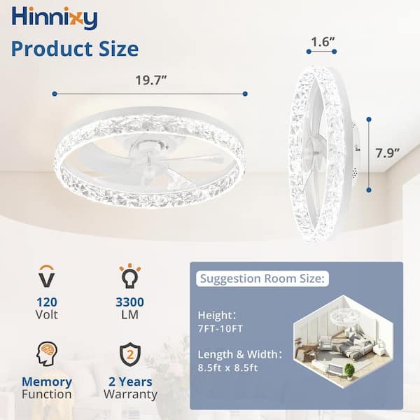 HINNIXY 20 in. Smart Indoor Fresh White Crystal Flush Mount Color