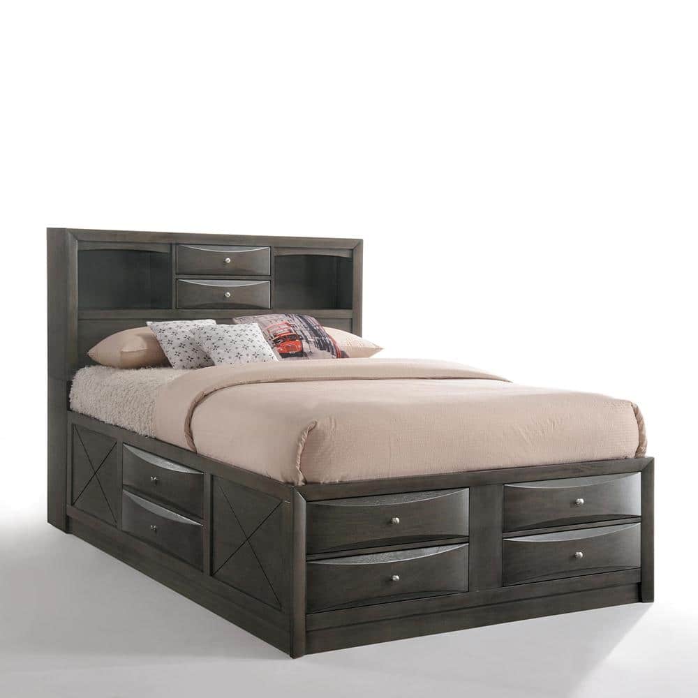 Gray Oak Full Double Captain's Bed with Bookcase and Storage