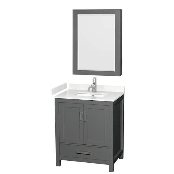 Wyndham Collection Sheffield 30 in. W x 22 in. D x 35.25 in. H Single Bath Vanity in Dark Gray with Carrara Cultured Marble Top & MC Mirror