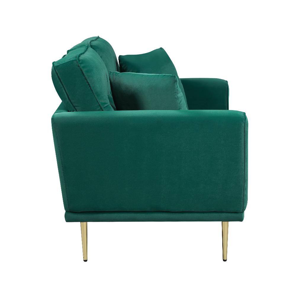 Green Velvet Loveseat with Gold Metal Legs and Track Arms