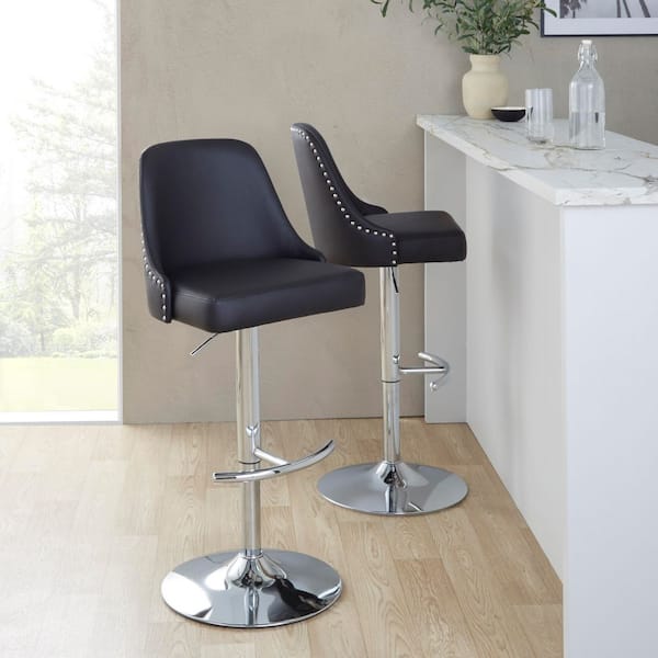 Lumisource Studded Marcel 34 in. Black Faux Leather and Chrome Metal Adjustable Barstool (Set of 2)