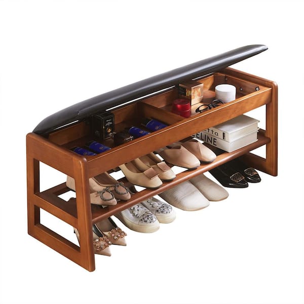 Norman 16.90 in. H x 39.37 in. W Brown Rubber Wood Shoe Storage Bench with Cushion and 2-Layer Shoe Racks