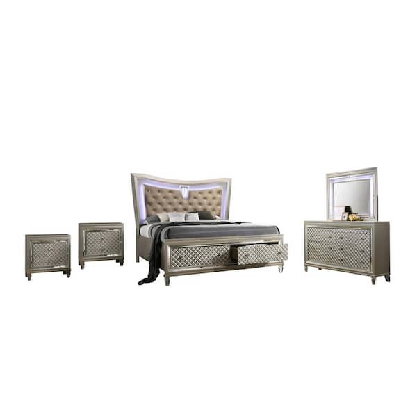 Best Quality Furniture Venetian 5-Piece Champagne California King Bedroom Set With Nightstand