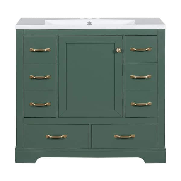 36 in. Single Sink Freestanding Green Bath Vanity with White Ceramic Top, Adjustable Shelves and 6 Drawer