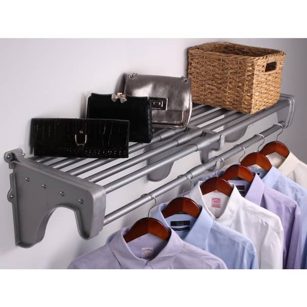 EZ Shelf Expandable DIY Closet Shelf & Rod 42 in - 75 in W, Silver, Mounts to Back Wall with 2 End Brackets, Wire, Closet System