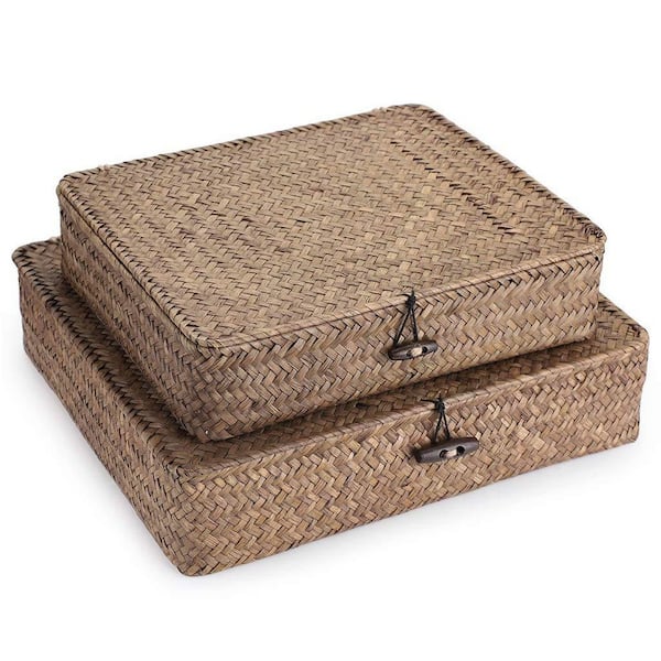 2 Pack 13 in. x 2.95 in. Coffee Flat Woven Wicker Storage Bins, Natural Seagrass Basket Boxe Home Organizer Bin Boxe