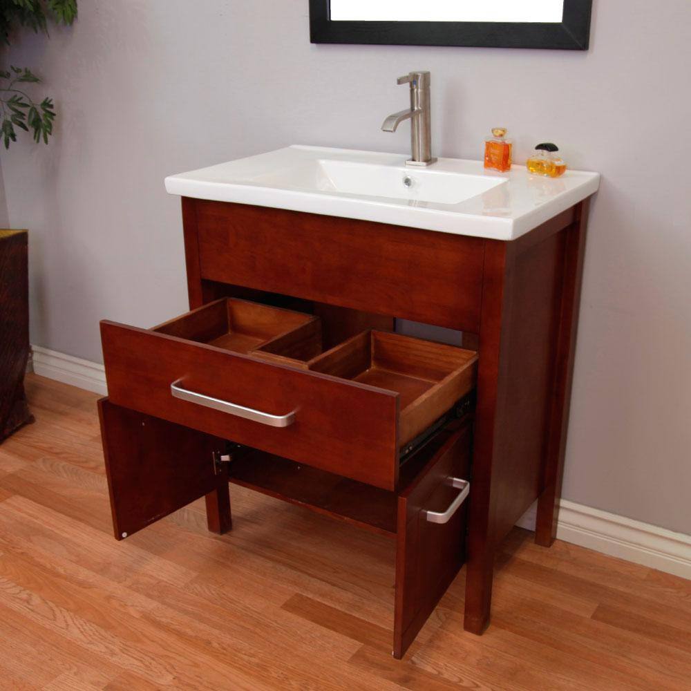 Walnut Plywood Single Sink Freestanding Vanity with White Ceramic Top