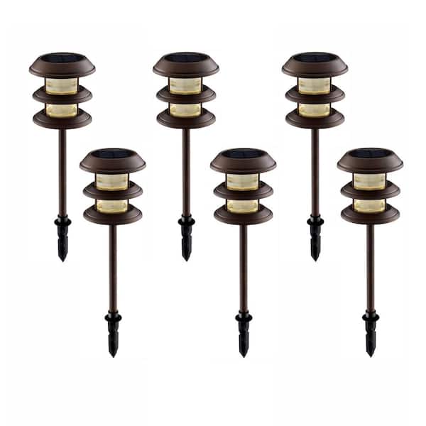 Hampton Bay Solar Mediterranean Bronze Outdoor Integrated LED 3-Tier Landscape Path Light with Ribbed Lens (6-Pack)