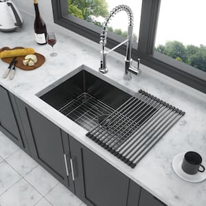 23 in. Undermount Single Bowl 16 Gauge Gunmetal Black Stainless Steel Kitchen Sink with Bottom Grids