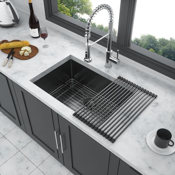 Unbranded 23 in. Undermount Single Bowl 16 Gauge Gunmetal Black Stainless Steel Kitchen Sink with Bottom Grids